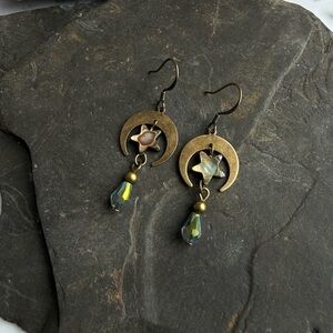 Vintage Golden Bronze Abalone Shell Star Moon Celestial Earrings
